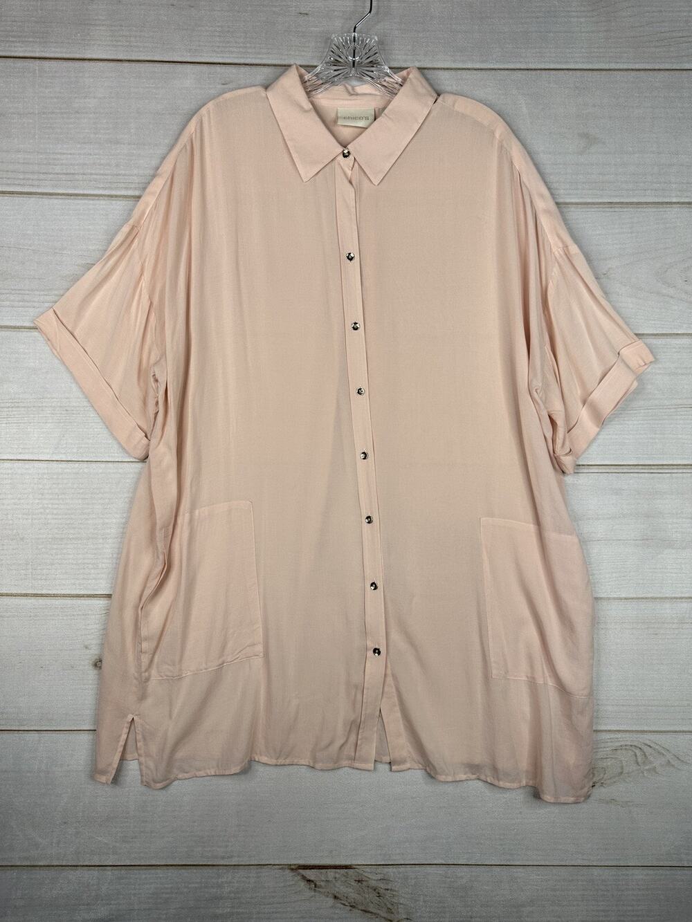 Chico's Tunic Top Womens 3 XL Peach Short Slv Button Up Lightweight Minimalist